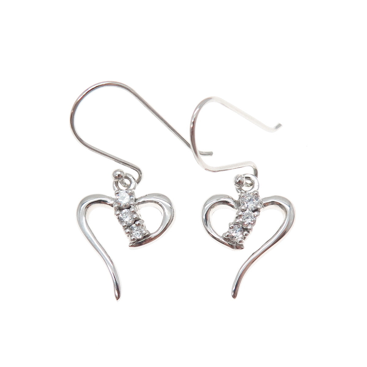 925 Sterling Silver Round-Cut C Z Heart Dangle Earrings