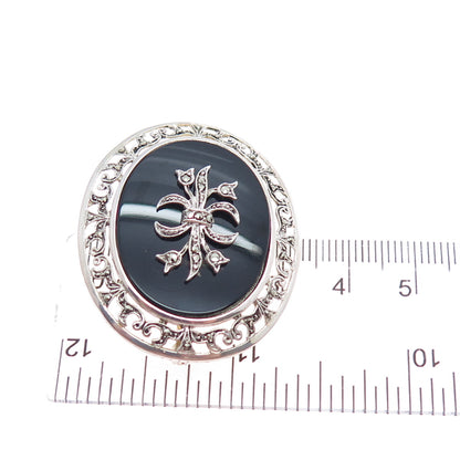 835 Silver Antique Art Deco Real Black Onyx & Marcasite Bow Pin Brooch