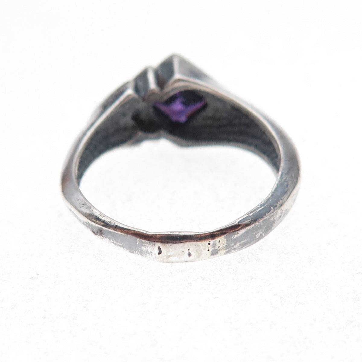 925 Sterling Silver Vintage Real Amethyst Modernist Oxidized Ring Size 7.75