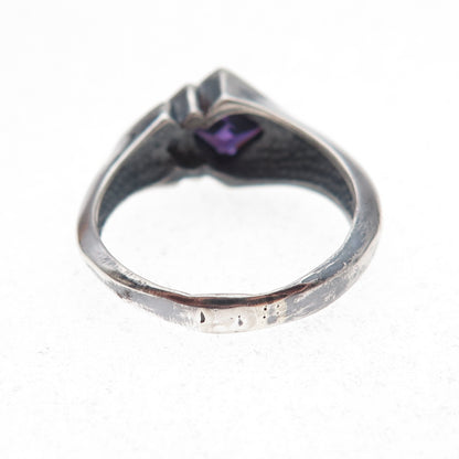 925 Sterling Silver Vintage Real Amethyst Modernist Oxidized Ring Size 7.75