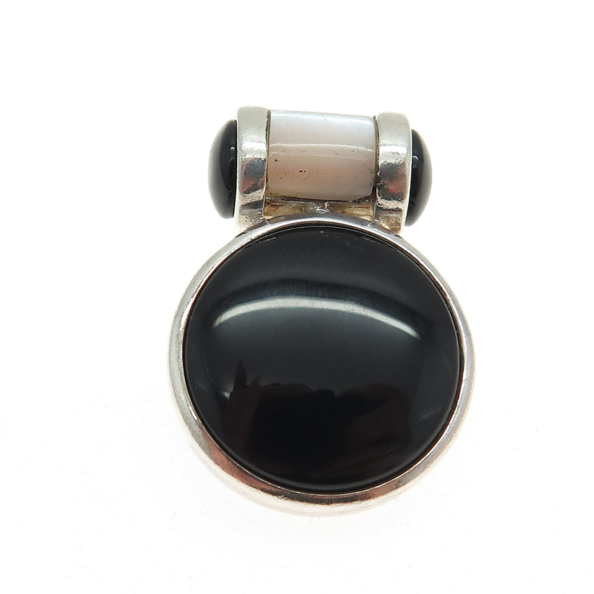 925 Sterling Silver Vintage Real Black Onyx Gemstone & Mother-of-Pearl Pendant