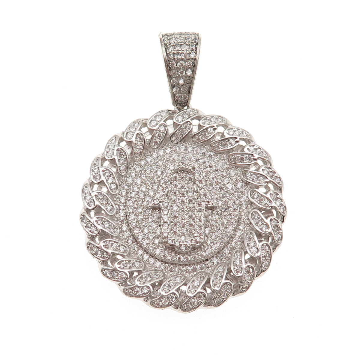 925 Sterling Silver Round-Cut C Z Hamsa Amulet Cuban Link Pendant