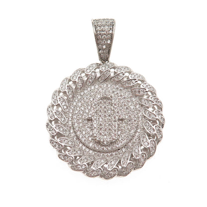925 Sterling Silver Round-Cut C Z Hamsa Amulet Cuban Link Pendant