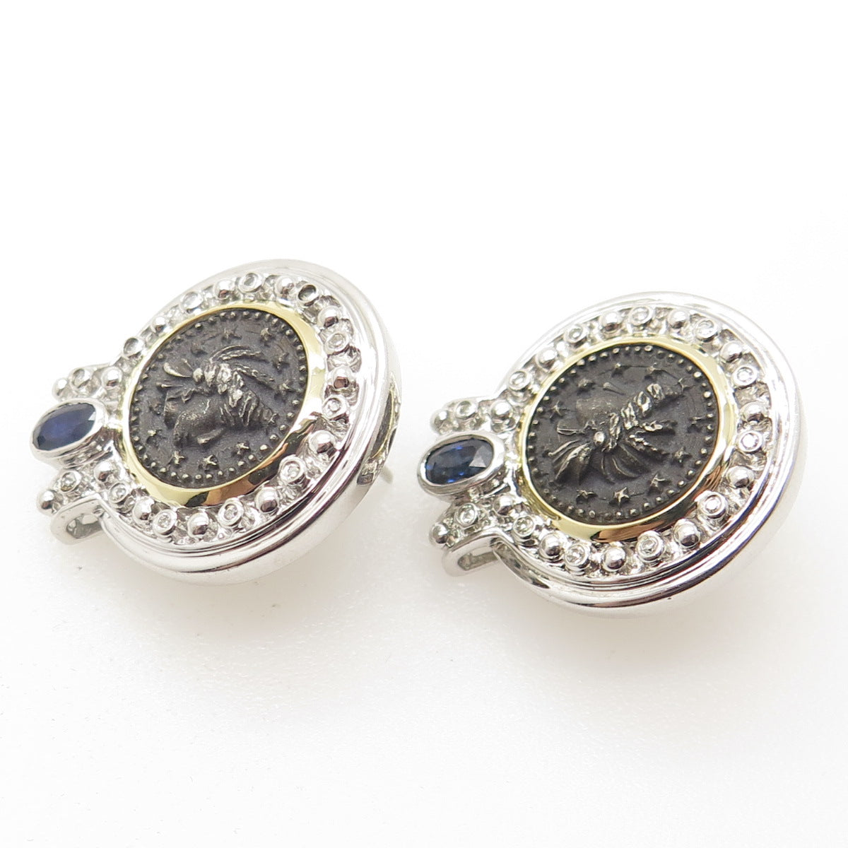 925 Sterling Silver 2-Tone Real Diamond & Sapphire Macedonian Cameo Earrings