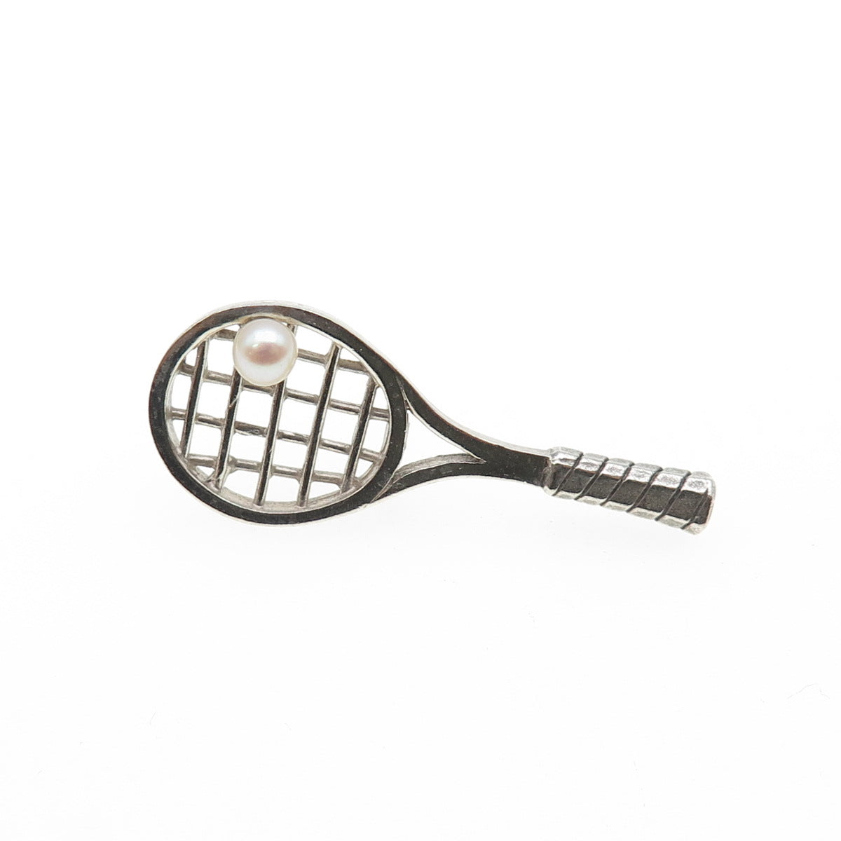 925 Sterling Silver Vintage Real Pearl Tennis Racket Tie Tack / Lapel Pin