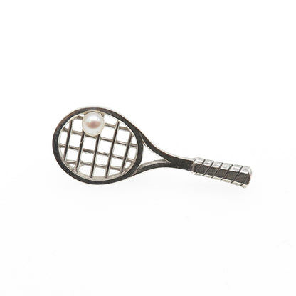 925 Sterling Silver Vintage Real Pearl Tennis Racket Tie Tack / Lapel Pin