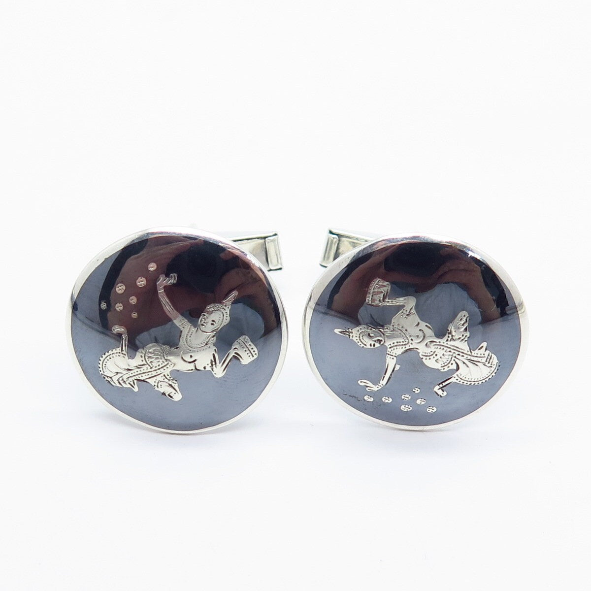 925 Sterling Silver Vintage Siam Niello Hindu Goddess Round Cufflinks