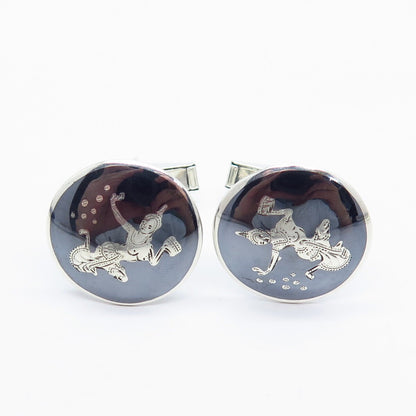 925 Sterling Silver Vintage Siam Niello Hindu Goddess Round Cufflinks