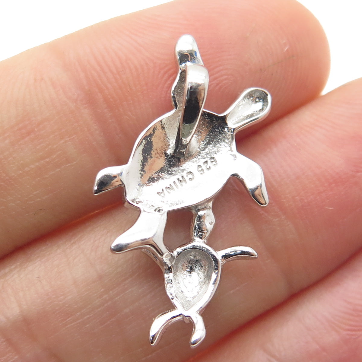 925 Sterling Silver Real Blue Opal Gemstone Mother & Baby Turtles Slide Pendant