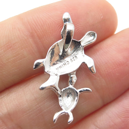 925 Sterling Silver Real Blue Opal Gemstone Mother & Baby Turtles Slide Pendant