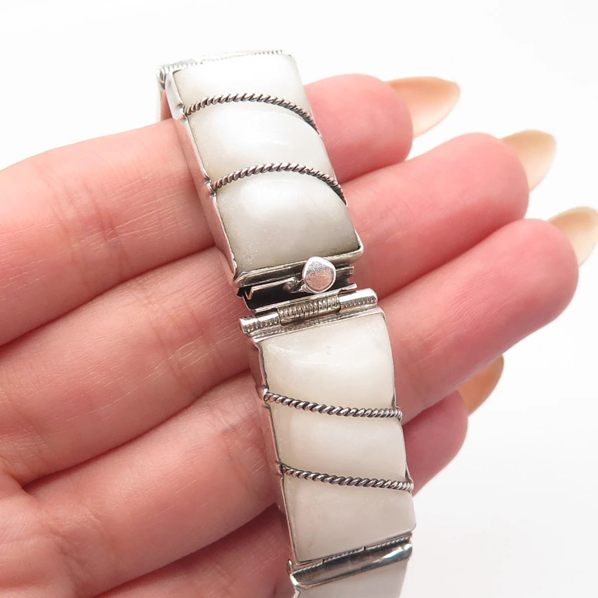 925 Sterling Silver Vintage Mexico Real White Agate Gem Panel Link Bracelet 6"