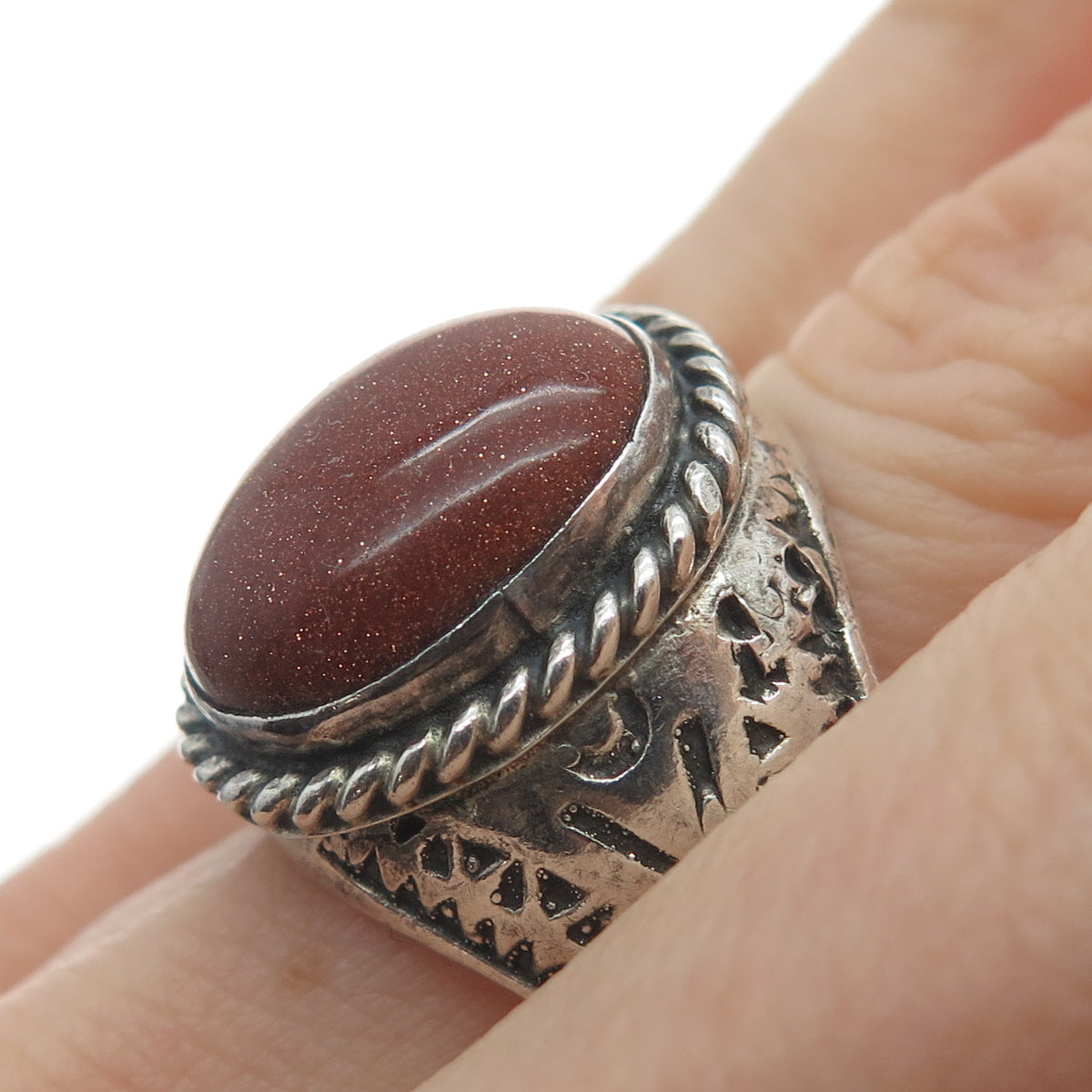 925 Sterling Silver Vintage Mexico Real Sunstone Oxidized Ring Size 12.5