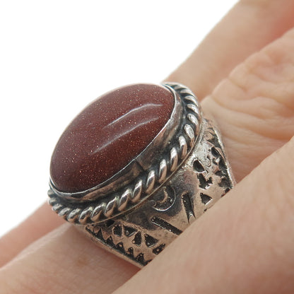 925 Sterling Silver Vintage Mexico Real Sunstone Oxidized Ring Size 12.5