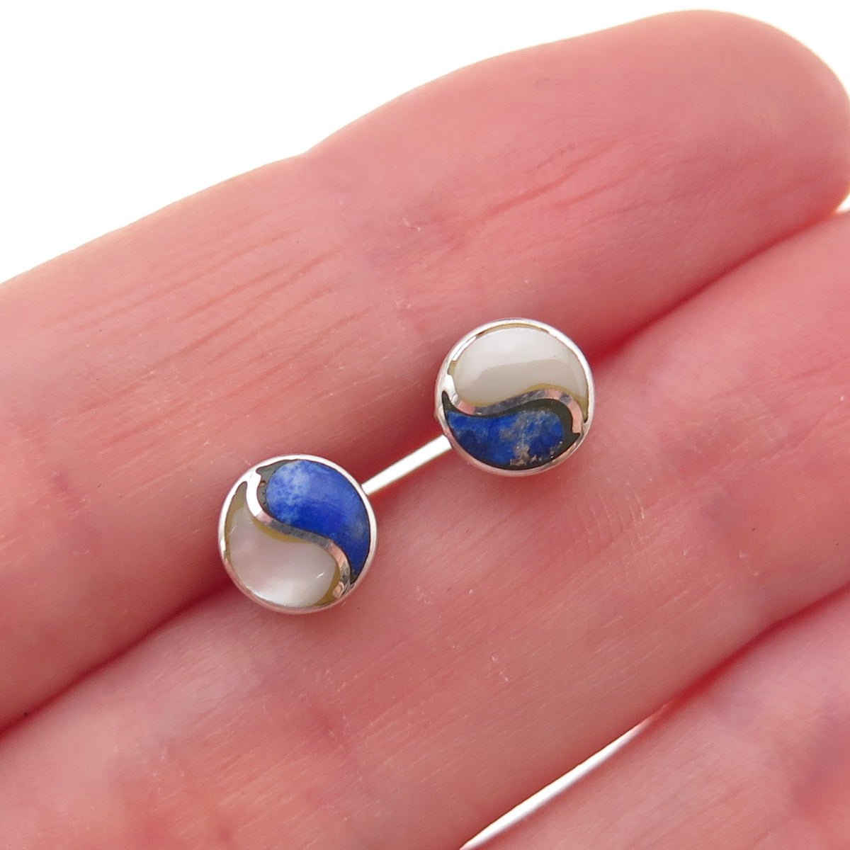 Old Pawn Sterling Silver Vintage Southwestern Lapis & MOP Yin Yang Stud Earrings