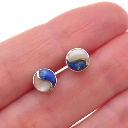 Old Pawn Sterling Silver Vintage Southwestern Lapis & MOP Yin Yang Stud Earrings