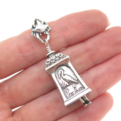 925 Sterling Vintage Lighthouse & Stork Bell 1791 Oxidized 3D Charm Pendant