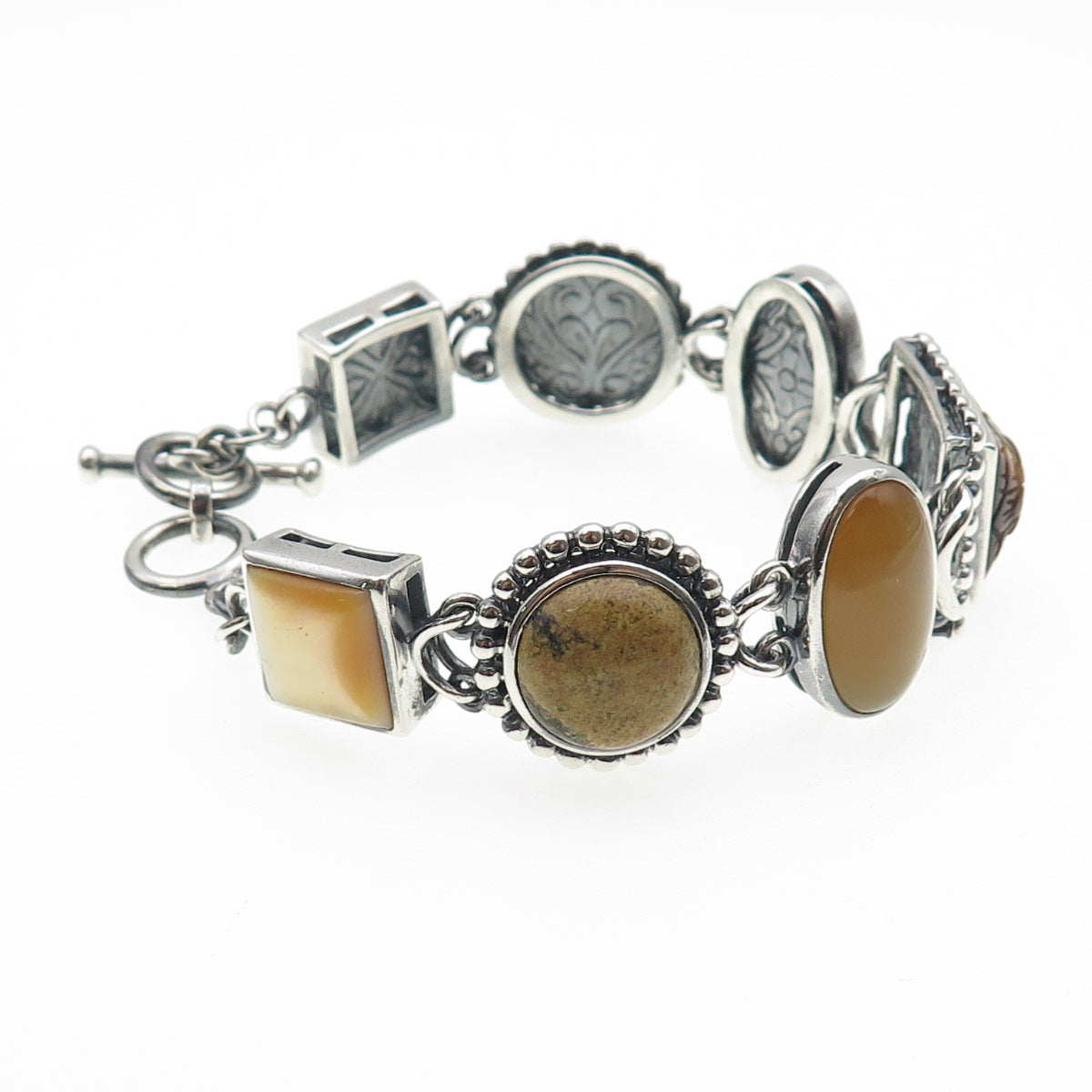 Whitney Kelly 925 Sterling Vintage Real Tiger Eye Jasper & MOP Bracelet 7-7.25"