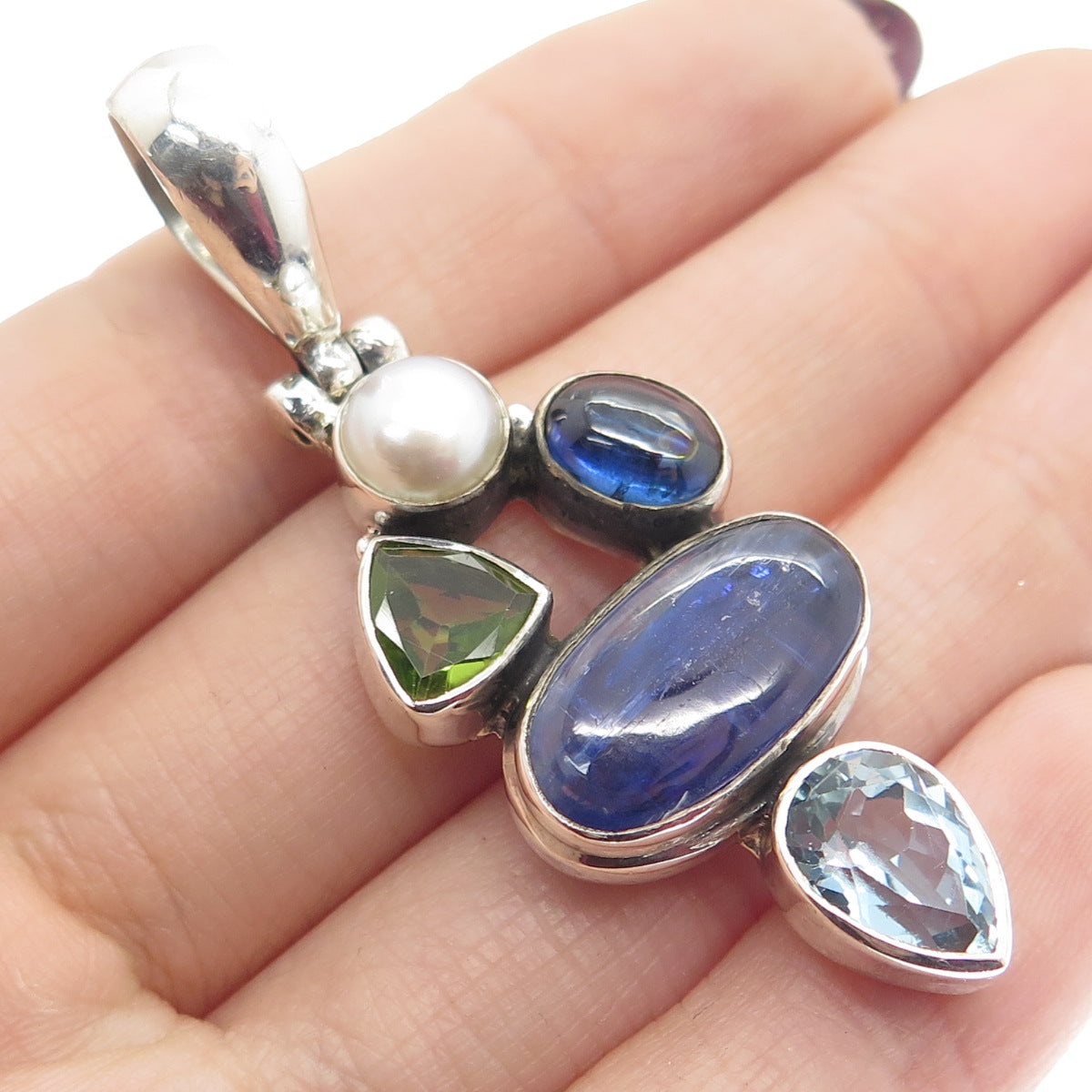 925 Sterling Silver Vintage Real Pearl Peridot Sapphire Blue Topaz Gem Pendant