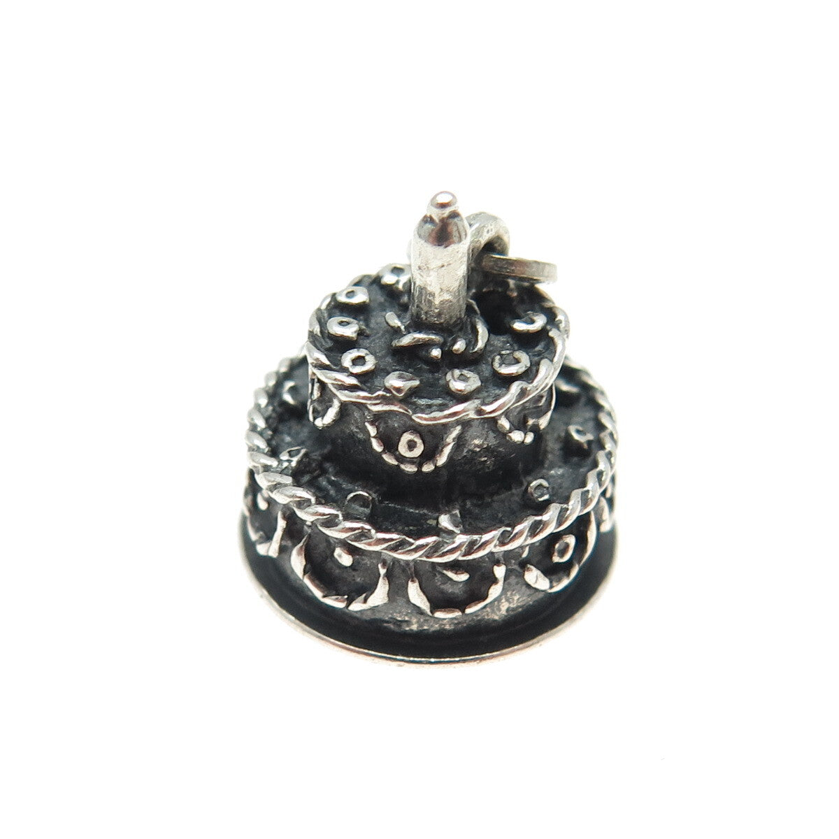 925 Sterling Silver Vintage Birthday Cake Oxidized Minimalist 3D Charm Pendant