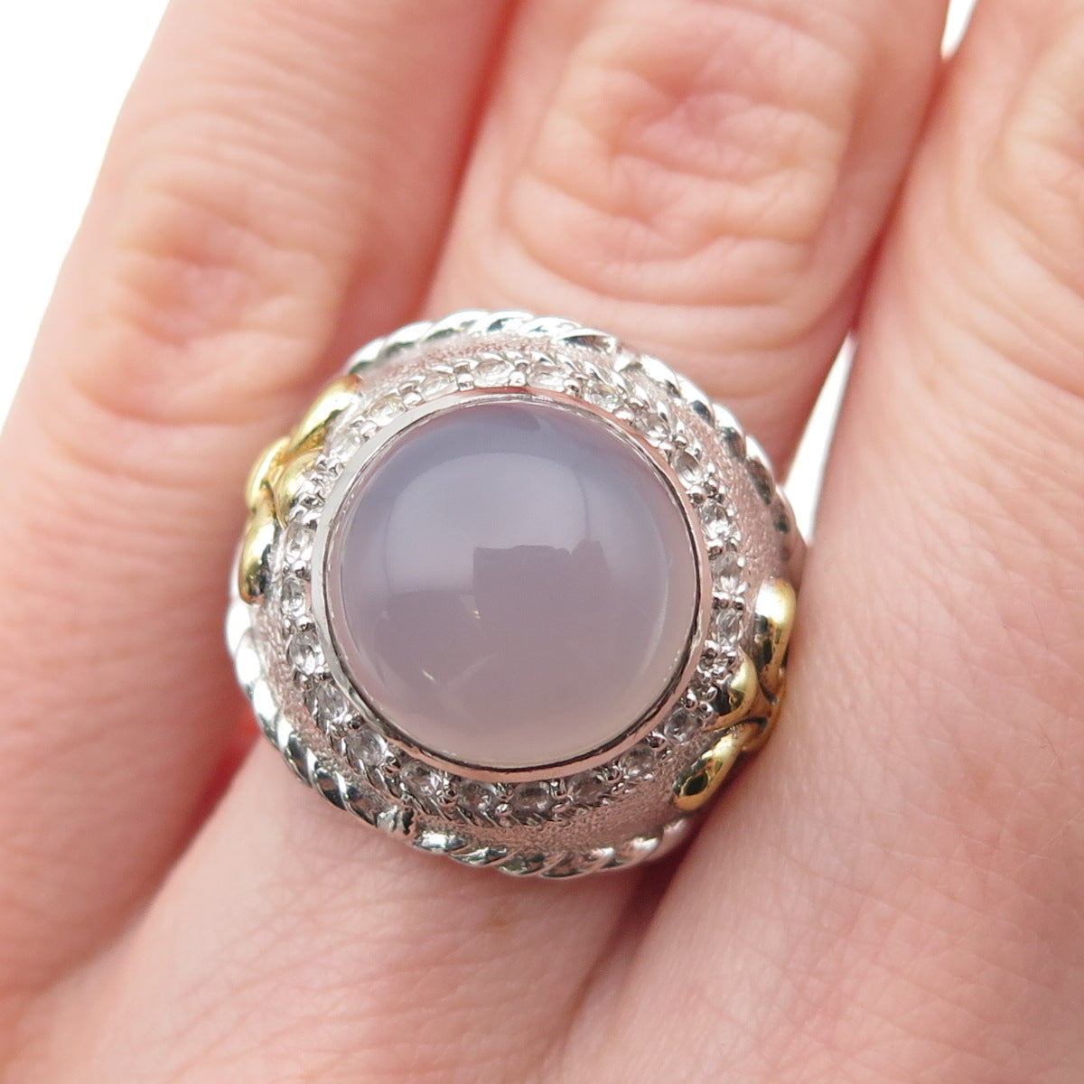 925 Sterling Silver 2-Tone Real Moonstone & White Topaz Ring Size 6