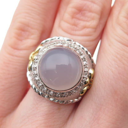 925 Sterling Silver 2-Tone Real Moonstone & White Topaz Ring Size 6