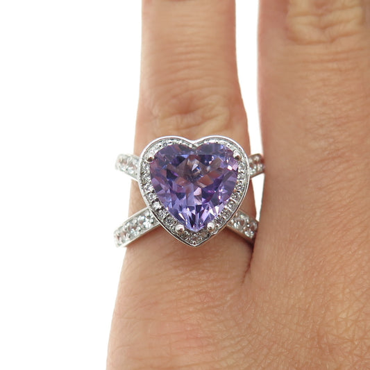 925 Sterling Silver Real White Topaz & Amethyst Gemstone Heart Ring Size 6.25