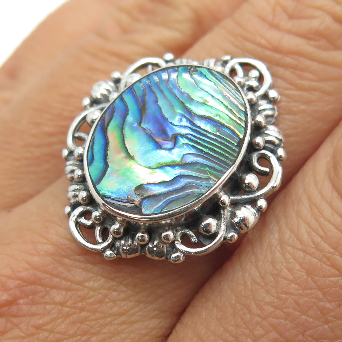 MERAV 925 Sterling Silver Vintage Real Abalone Shell Statement Ring Size 10.25