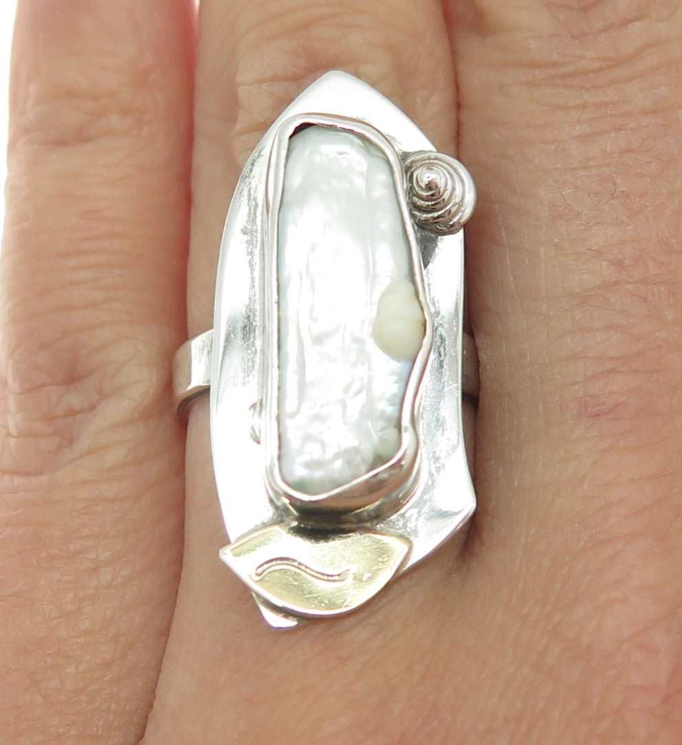 B. SUCHERMAN 925 Sterling Silver 2-Tone Vintage MOP Statement Ring Size 6.75
