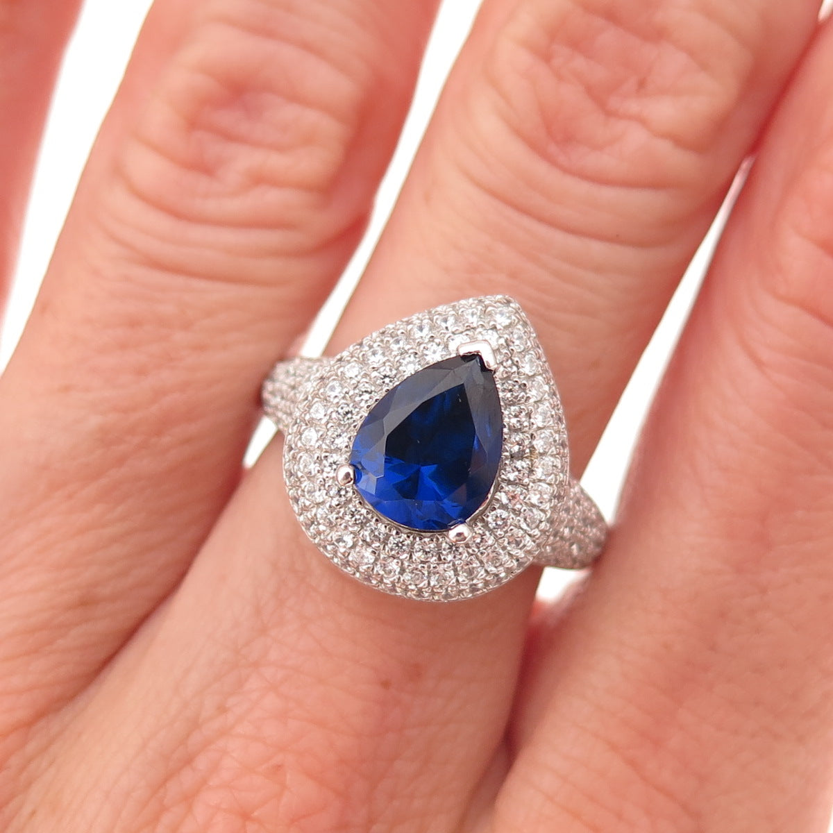 Yagi 925 Sterling Silver Lab-Created White Sapphire & Blue C Z Ring Size 7