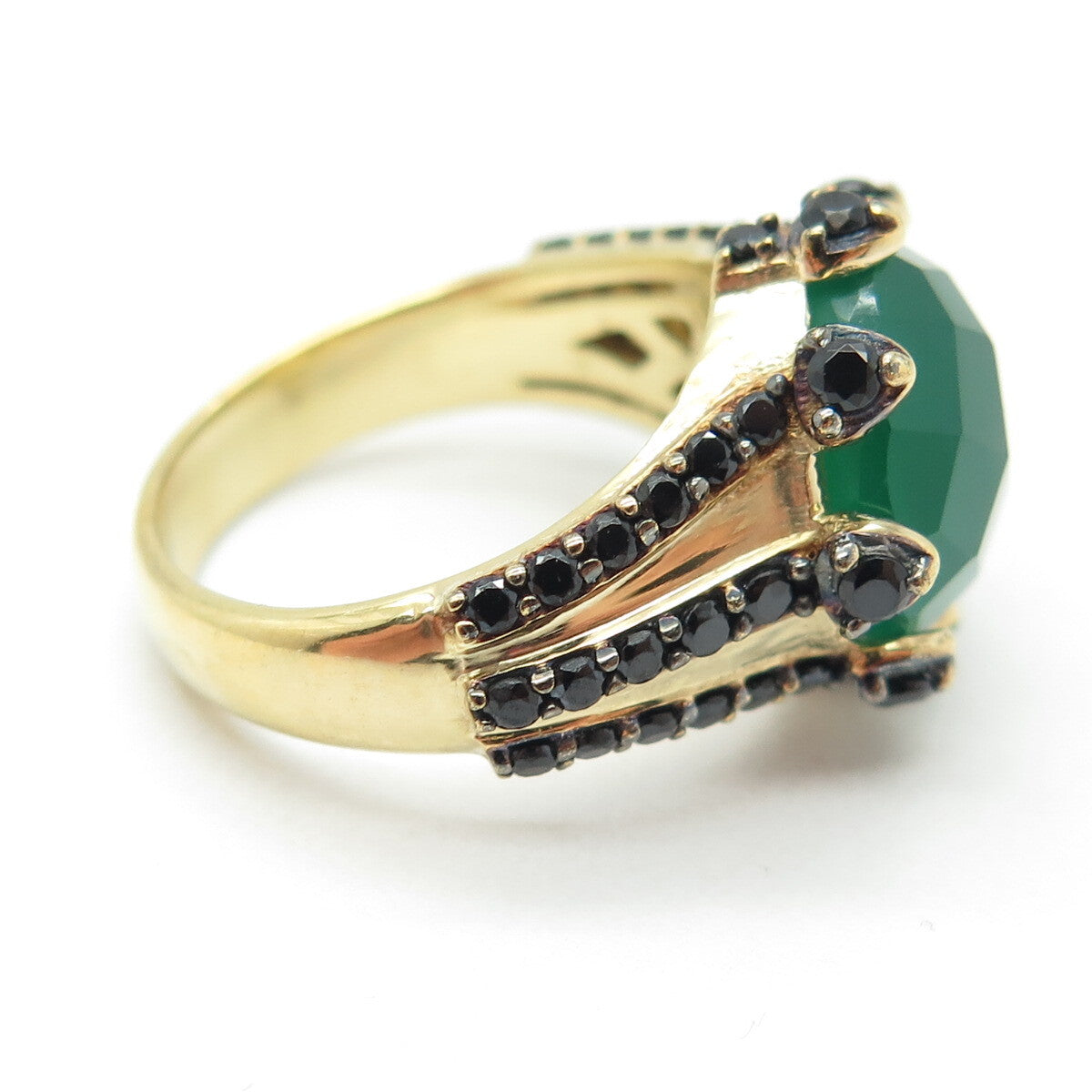925 Sterling Silver Gold Plated Checkered Green Onyx & Black Spinel Ring Size 7