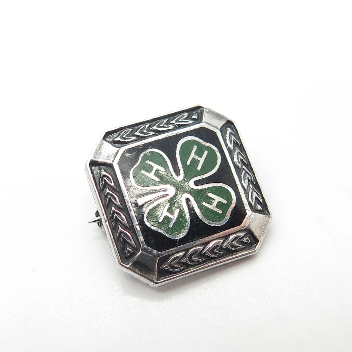 925 Sterling Silver Enamel Vintage Metal Illinois State 4-H Clover Pin Brooch