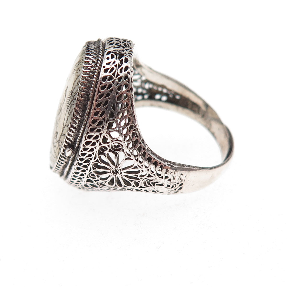 925 Sterling Silver Antique Chinese Lady Filigree Oxidized Poison Ring Size 5.25