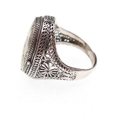 925 Sterling Silver Antique Chinese Lady Filigree Oxidized Poison Ring Size 5.25