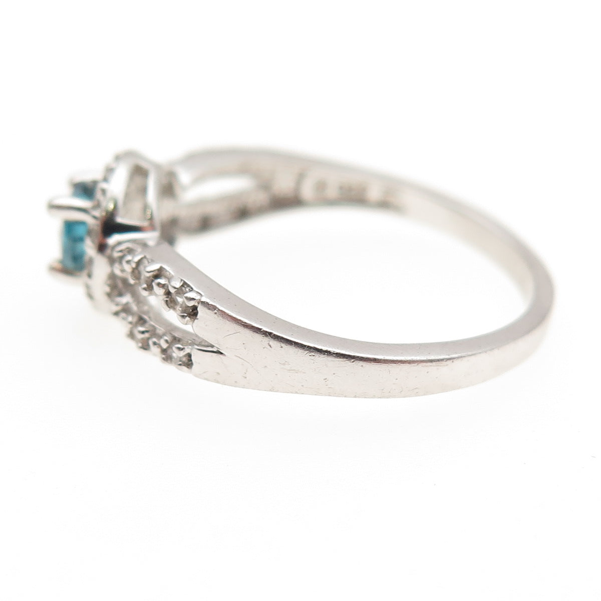 925 Sterling Silver Real Round-Cut Blue Topaz & C Z Ring Size 9