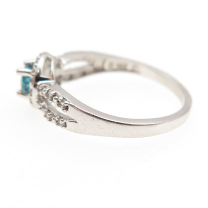925 Sterling Silver Real Round-Cut Blue Topaz & C Z Ring Size 9