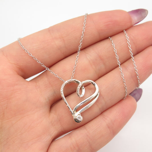 925 Sterling Silver Real White Diamond Open Heart Rolo Chain Necklace 16"
