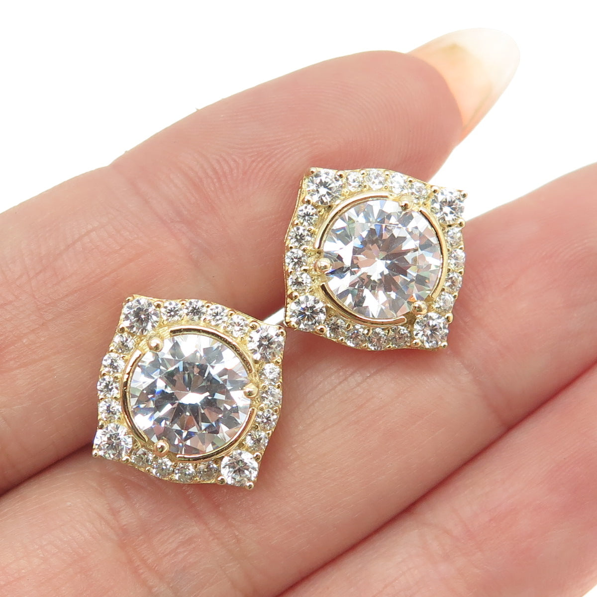 925 Sterling Silver Gold Plated Round-Cut C Z Earrings