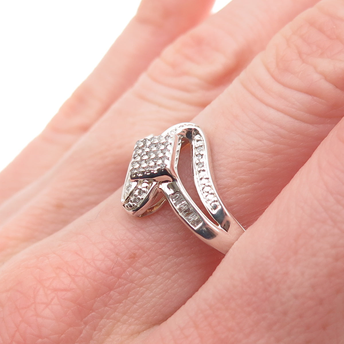 Sun 925 Sterling Silver Real Round & Emerald-Cut Diamond Ring Size 10