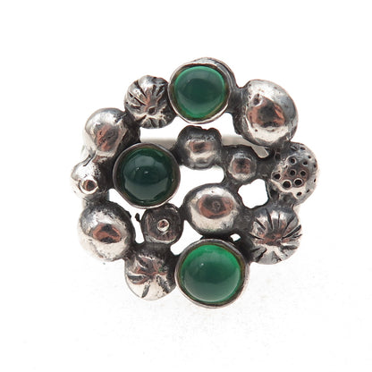 925 Sterling Vintage Israel Real Green Onyx Modernist Adjustable Ring Size 7.75