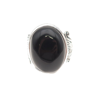 925 Sterling Silver Vintage Black Onyx Art Deco Style Oxidized Ring Size 7.25