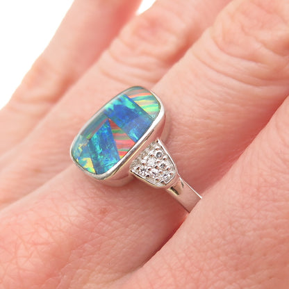 925 Sterling Silver Real Doublet Opal & C Z Mosaic Ring Size 9.25