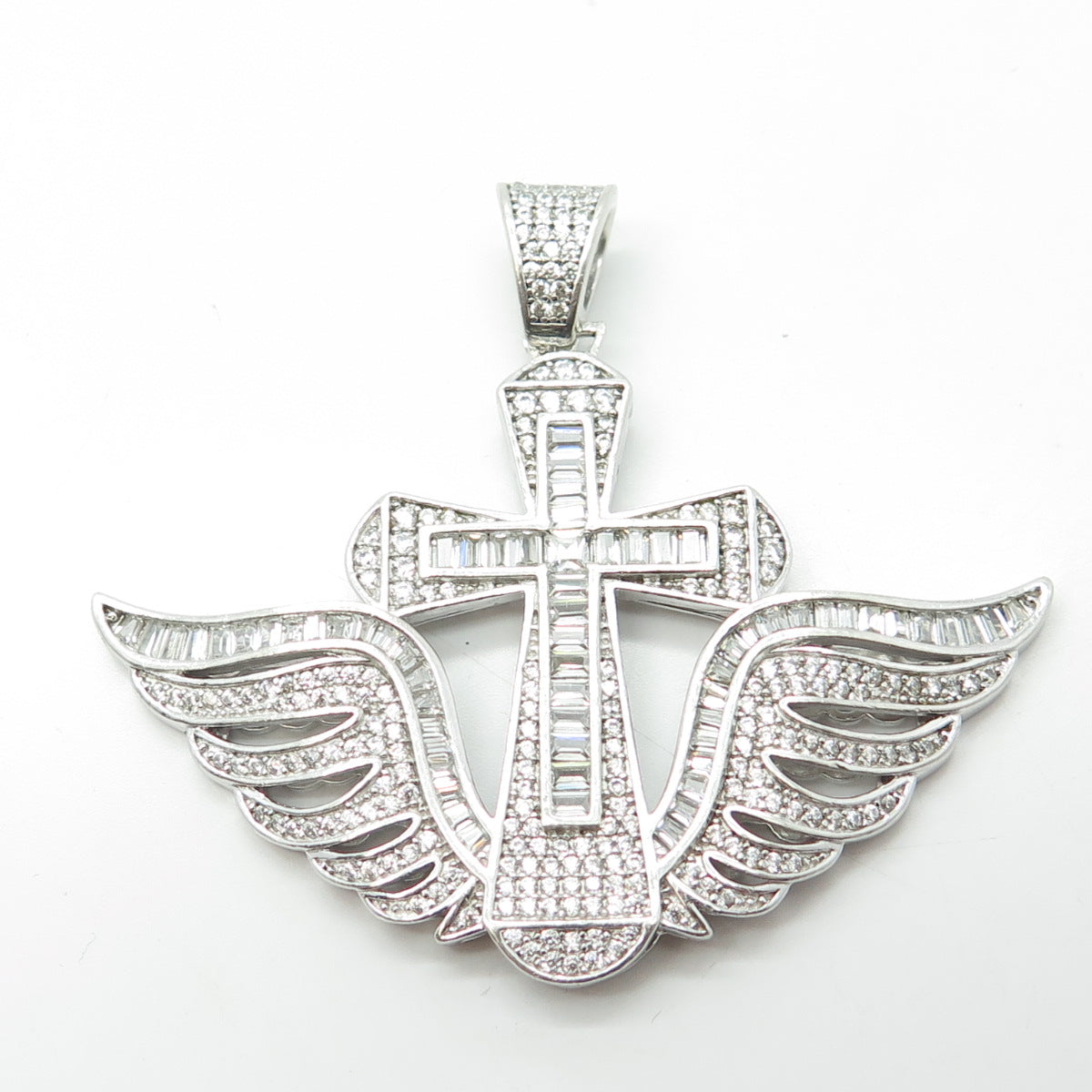 925 Sterling Silver Multi-Cut White C Z Cross & Angel Wings Pendant