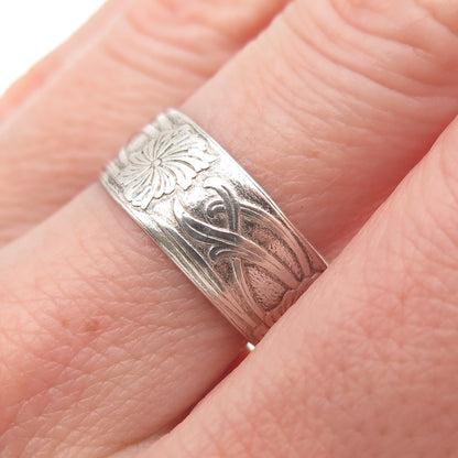925 Sterling Silver Antique Art Deco Floral Oxidized Band Ring Size 7.25