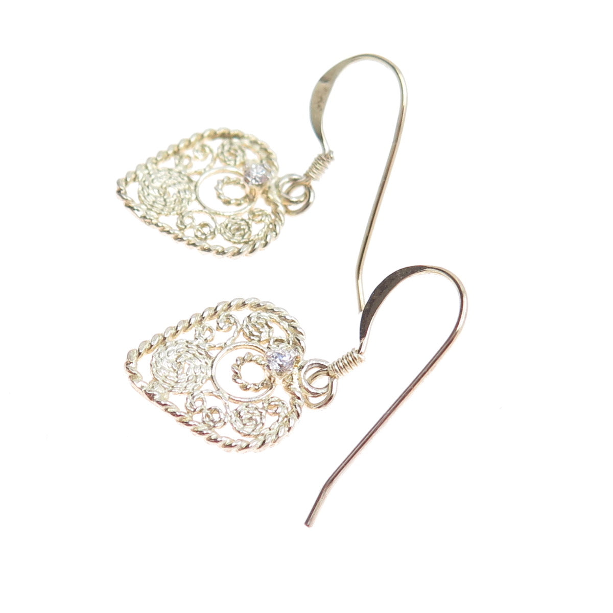 925 Sterling Silver Gold Plated Vintage Round-Cut C Z Heart Dangle Earrings