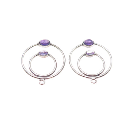 PANDORA 925 Sterling Silver Real Amethyst Double Circle Jacket Earrings