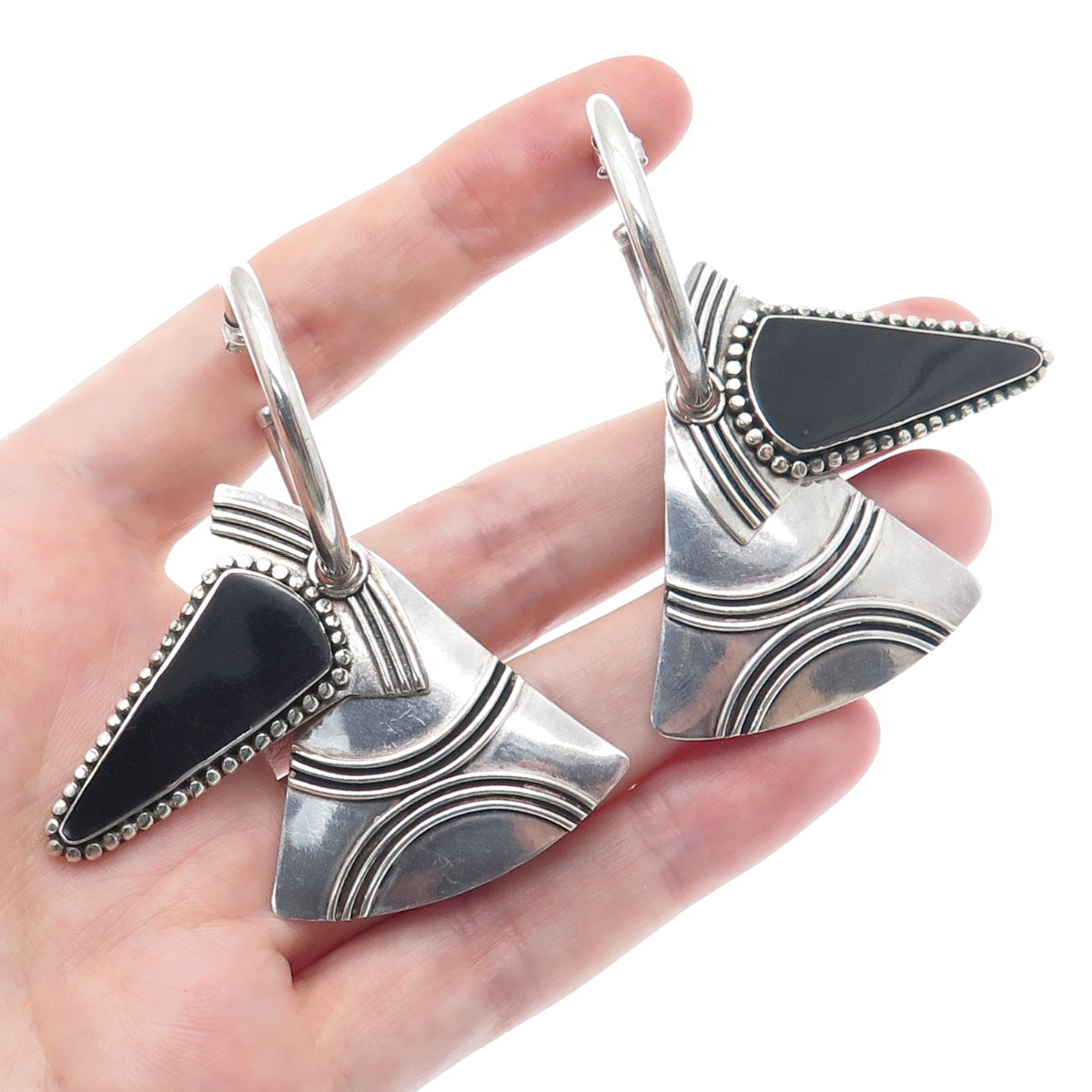 925 Sterling Silver Vintage Real Black Onyx Gem Tribal Hoop Dangle Earrings