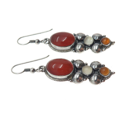 925 Sterling Silver Vintage Real Carnelian Citrine & Moonstone Oxidized Earrings