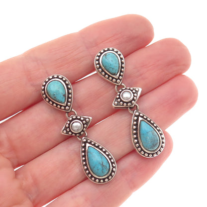 Whitney Kelly 925 Sterling Vintage Real Turquoise & Faux Pearl Dangle Earrings