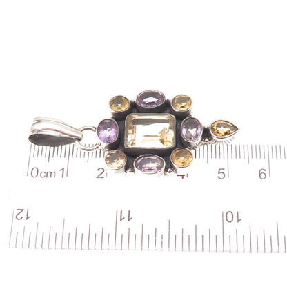 925 Sterling Silver Vintage Real Amethyst & Citrine Oxidized Pendant