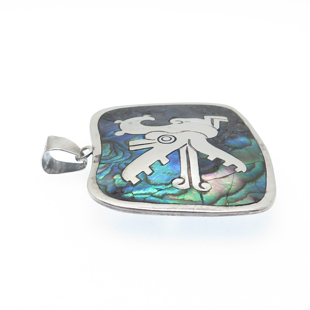 925 Sterling Silver Vintage Mexico Taxco Real Abalone Shell Tribal Pendant